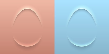 Easter minimalist greeting card pastel blue and pink soft 3D egg shape abstract frame design set. Vector design neumorphic background. Minimal holiday poster, greeting card, banner.の写真素材