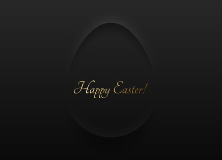 Easter minimalist greeting card black soft 3D egg shape abstract frame design. Happy Easter golden text. Vector design black background. Luxury minimal holiday poster, greeting card, banner.のイラスト素材