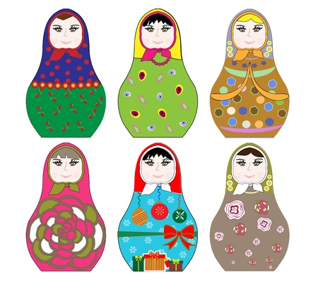 Collection of colorful Russian dolls (Matryoshka) with different patterns and colorsのイラスト素材