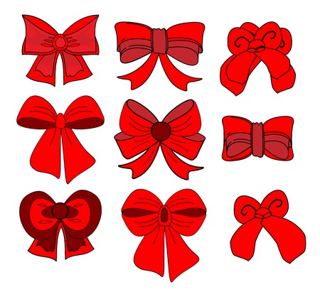 Big set of red gift bows with ribbons. Vector illustration.のイラスト素材