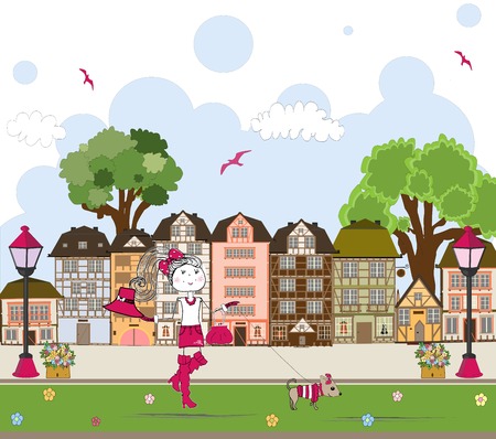 Spring girl with hat on a street . Vector illustrationのイラスト素材