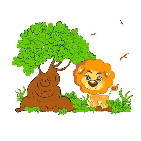 Illustration of a scary lion above the stump at the forestのイラスト素材