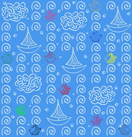 Seamless pattern  background. blue. fish and shipのイラスト素材