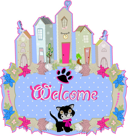 baby cat hold a welcome sign art illustrationのイラスト素材