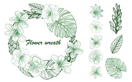 Green drawing wreath. Flower frame.のイラスト素材