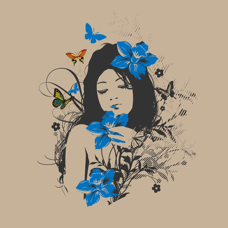 Sketch. Summer style. Girl with flowers in her hair.のイラスト素材