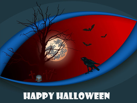 Greeting card for Halloween with a black crow on a red background.のイラスト素材