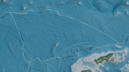 Outline of the Balmoral Reef tectonic plate with the borders of surrounding plates against the background of a relief map. 3D renderingの写真素材