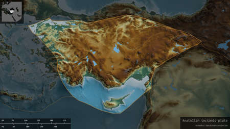Anatolian plate shape outlined on a darkened and desaturated background of the relief map with...