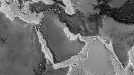 Outline of the Arabian tectonic plate with the borders of surrounding plates against the background of a grayscale map. 3D renderingの写真素材