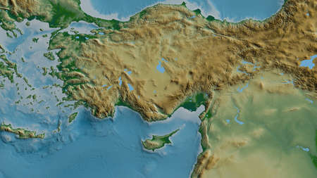 Physical map of the area around the Anatolian tectonic plate. 3D rendering