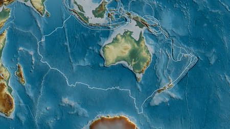 Outline of the Australian tectonic plate with the borders of surrounding plates against the background of a relief map. 3D renderingの写真素材