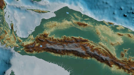Relief map of the area around the Maoke tectonic plate. 3D rendering