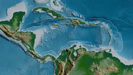 Outline of the Caribbean tectonic plate with the borders of surrounding plates against the background of a physical map. 3D renderingの写真素材