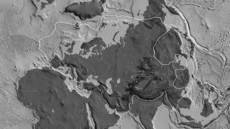 Outline of the Eurasian tectonic plate with the borders of surrounding plates against the background...