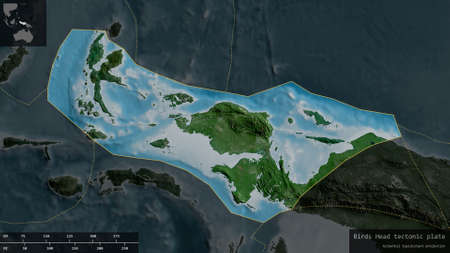 Birds Head plate shape outlined on a darkened and desaturated background of the satellite map with informative overlays. 3D renderingの写真素材