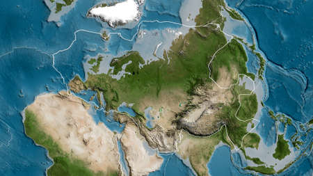 Outline of the Eurasian tectonic plate with the borders of surrounding plates against the background...