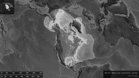 North American plate shape outlined on a darkened and desaturated background of the grayscale map...