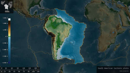 South American plate shape outlined on a darkened and desaturated background of the physical map...