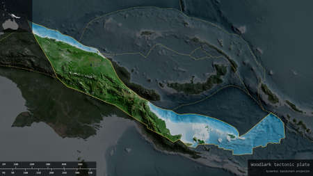 Woodlark plate shape outlined on a darkened and desaturated background of the satellite map with...