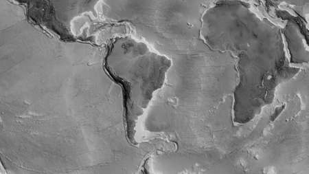 Grayscale map of the area around the South American tectonic plate. 3D rendering