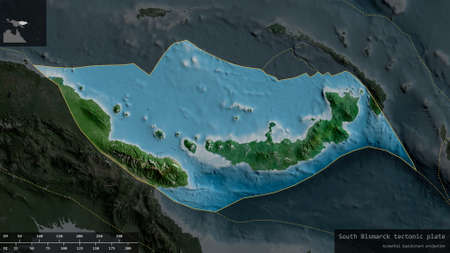 South Bismarck plate shape outlined on a darkened and desaturated background of the satellite map...