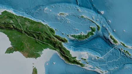 Outline of the Woodlark tectonic plate with the borders of surrounding plates against the background of a satellite map. 3D renderingの写真素材