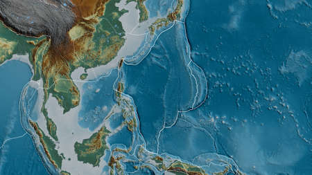 Outline of the Philippine Sea tectonic plate with the borders of surrounding plates against the background of a relief map. 3D renderingの写真素材