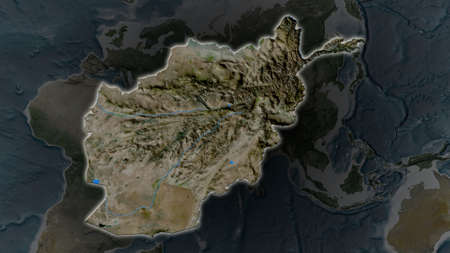 Afghanistan area enlarged and glowed on a darkened background of its surroundings. Satellite imagery