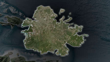 Antigua Island area enlarged and glowed on a darkened background of its surroundings. Satellite...