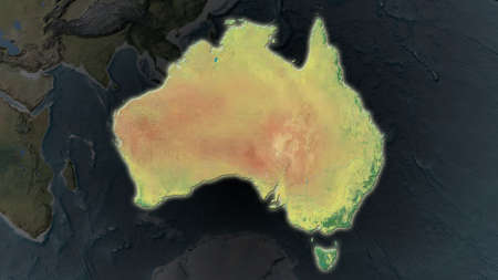 Australia area enlarged and glowed on a darkened background of its surroundings. Topographic mapの写真素材