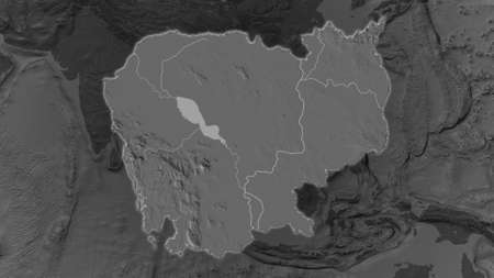 Cambodia area enlarged and glowed on a darkened background of its surroundings. Bilevel bumped elevation mapの写真素材