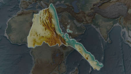 Eritrea area enlarged and glowed on a darkened background of its surroundings. Relief map