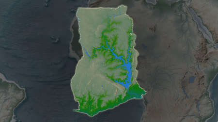 Ghana area enlarged and glowed on a darkened background of its surroundings. Main physical landscape featuresの写真素材