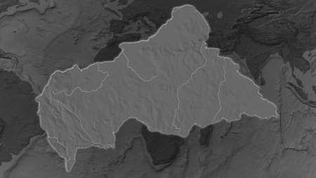 Central African Republic area enlarged and glowed on a darkened background of its surroundings. Bilevel bumped elevation mapの写真素材