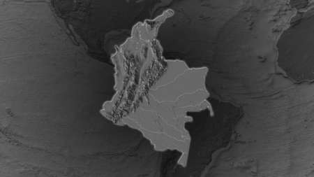 Colombia area enlarged and glowed on a darkened background of its surroundings. Bilevel bumped elevation mapの写真素材