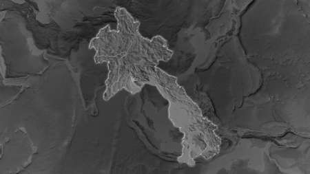 Laos area enlarged and glowed on a darkened background of its surroundings. Grayscale bumped elevation mapの写真素材