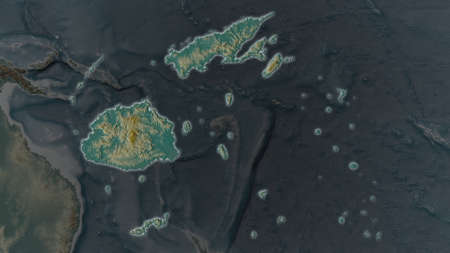 Fiji area enlarged and glowed on a darkened background of its surroundings. Relief map