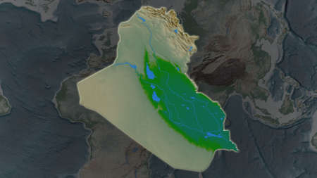 Iraq area enlarged and glowed on a darkened background of its surroundings. Main physical landscape...