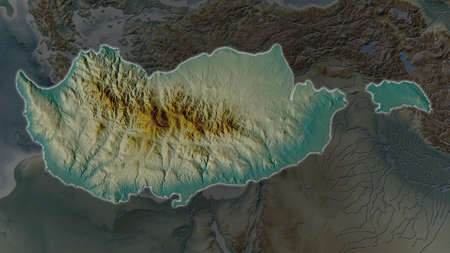 Cyprus area enlarged and glowed on a darkened background of its surroundings. Relief mapの写真素材