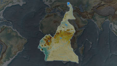 Cameroon area enlarged and glowed on a darkened background of its surroundings. Relief mapの写真素材