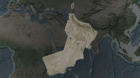Oman area enlarged and glowed on a darkened background of its surroundings. Satellite imageryの写真素材