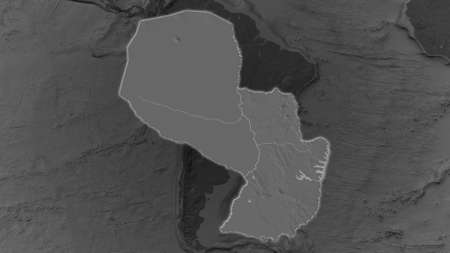 Paraguay area enlarged and glowed on a darkened background of its surroundings. Bilevel bumped elevation mapの写真素材