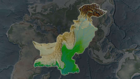 Pakistan area enlarged and glowed on a darkened background of its surroundings. Main physical landscape featuresの写真素材