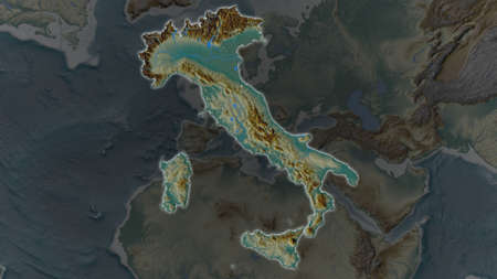 Italy area enlarged and glowed on a darkened background of its surroundings. Relief map