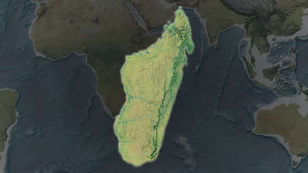 Madagascar area enlarged and glowed on a darkened background of its surroundings. Topographic mapの写真素材