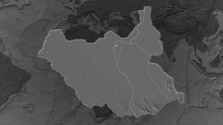 Sudan area enlarged and glowed on a darkened background of its surroundings. Bilevel bumped elevation mapの写真素材