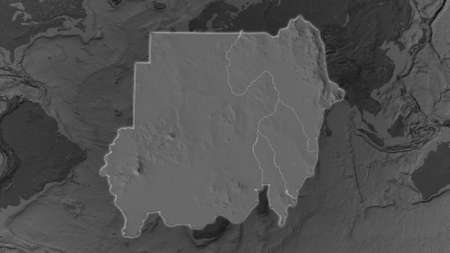 Sudan area enlarged and glowed on a darkened background of its surroundings. Bilevel bumped elevation mapの写真素材
