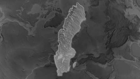 Sweden area enlarged and glowed on a darkened background of its surroundings. Grayscale bumped elevation mapの写真素材