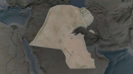Kuwait area enlarged and glowed on a darkened background of its surroundings. Satellite imageryの写真素材